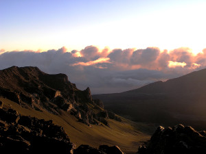 sunrise, fog, crater, crags, Haleakala, Island, National Park, volcano, sunrise, clouds, purple,
