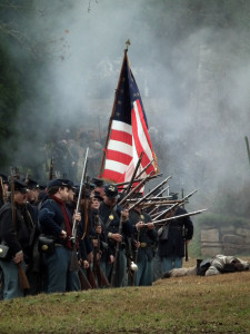 reenactors, soldiers, Union, flag, reenactment, anniversary, battlefield, battle of Fredericksburg, Virginia, streetscape, fighting, rifles